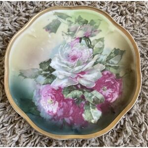 Collectible White Pink Cabbage Rose Bavaria Plate‎ Gold Trim